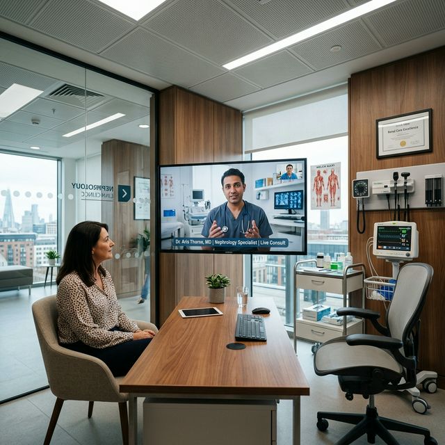 Patient in a modern clinic consulting with a remote specialist over telehealth